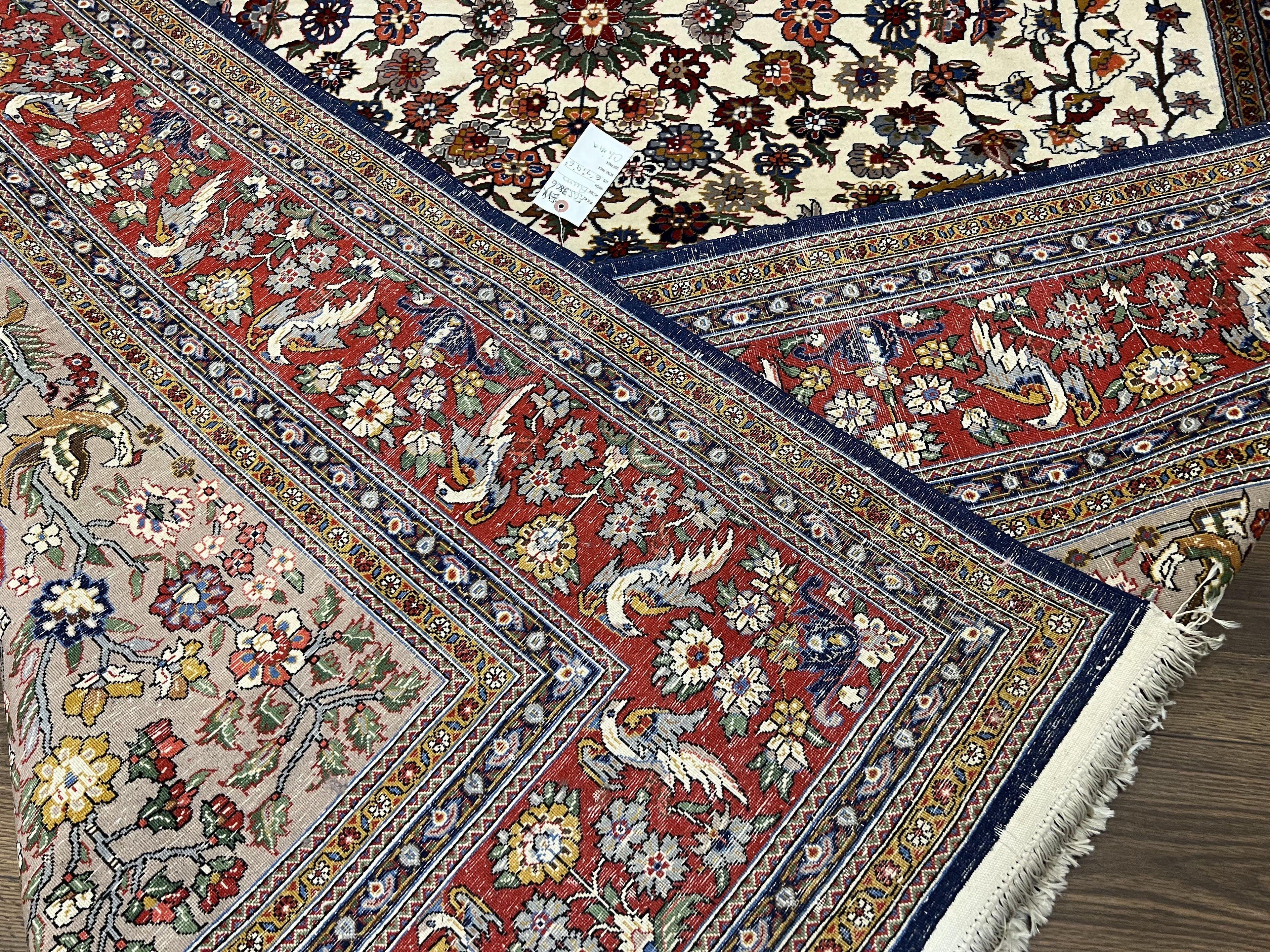 Beautiful Sino Persian Rug 7x10, Circle of Life Tree of Life Rug, Birds, Cream Red Navy Blue Taupe, Wool Silk Accents, Hand Knotted Vintage
