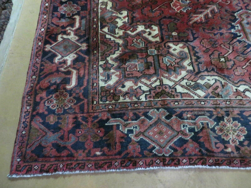 Persian Rug 8x11 Room Sized Heriz Carpet, Hand Knotted Wool Rug, Vintage Semi Antique, Geometric Medallion, Wine Red Cream Dark Blue, Wow