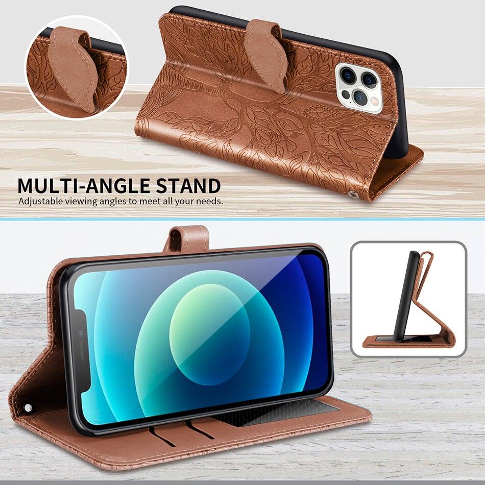 3D Tree Flip Leather Case For iPhone 13 12 Mini Phone Cover PU Leather Wallet Case with Card Holder Kickstand Wrist Strap Flip Cover for iPhone