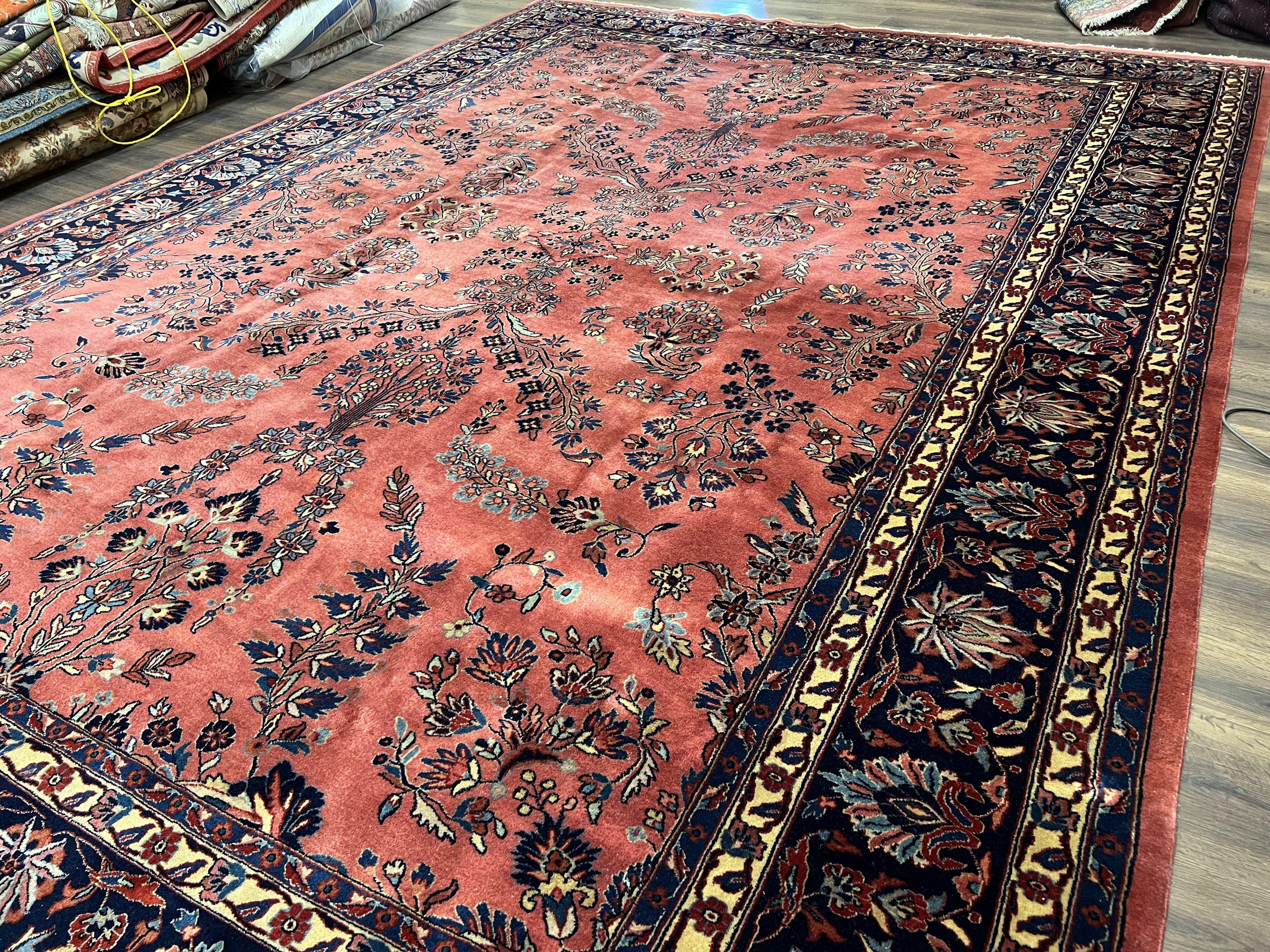 Indo Sarouk Rug 10x14, Vintage Indian Persian Area Rug 10 x 14, Wool Hand-Knotted Oriental Carpet, Red Floral Allover Large Rug, Beautiful