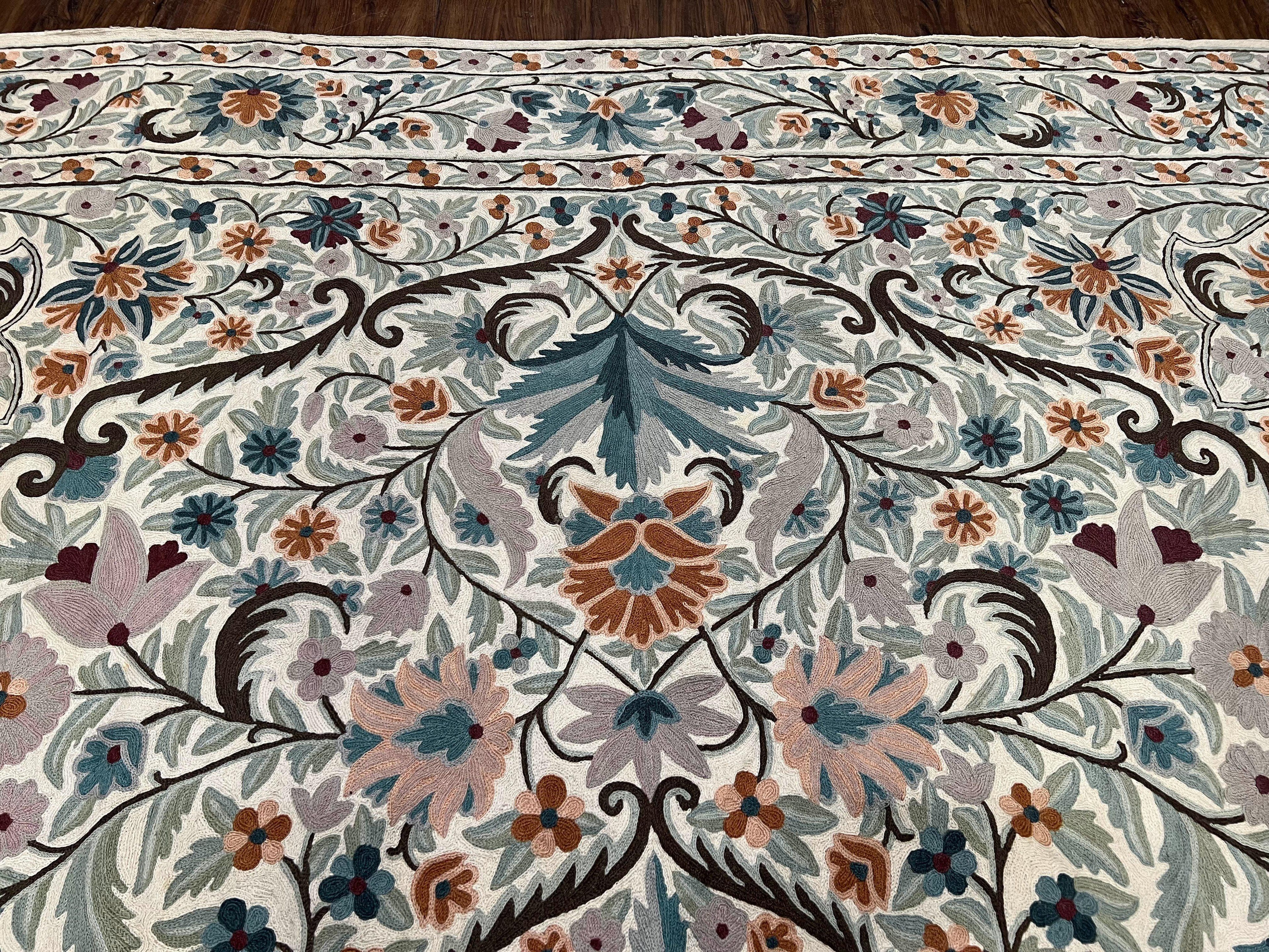 Chain Stitched Rug 9x12 Vintage Carpet 9 x 12 Flatweave Rug, Ivory Teal Rug, Area Rug 9 by 12, Hand Stitched Rug, Medallion, Indian Rug