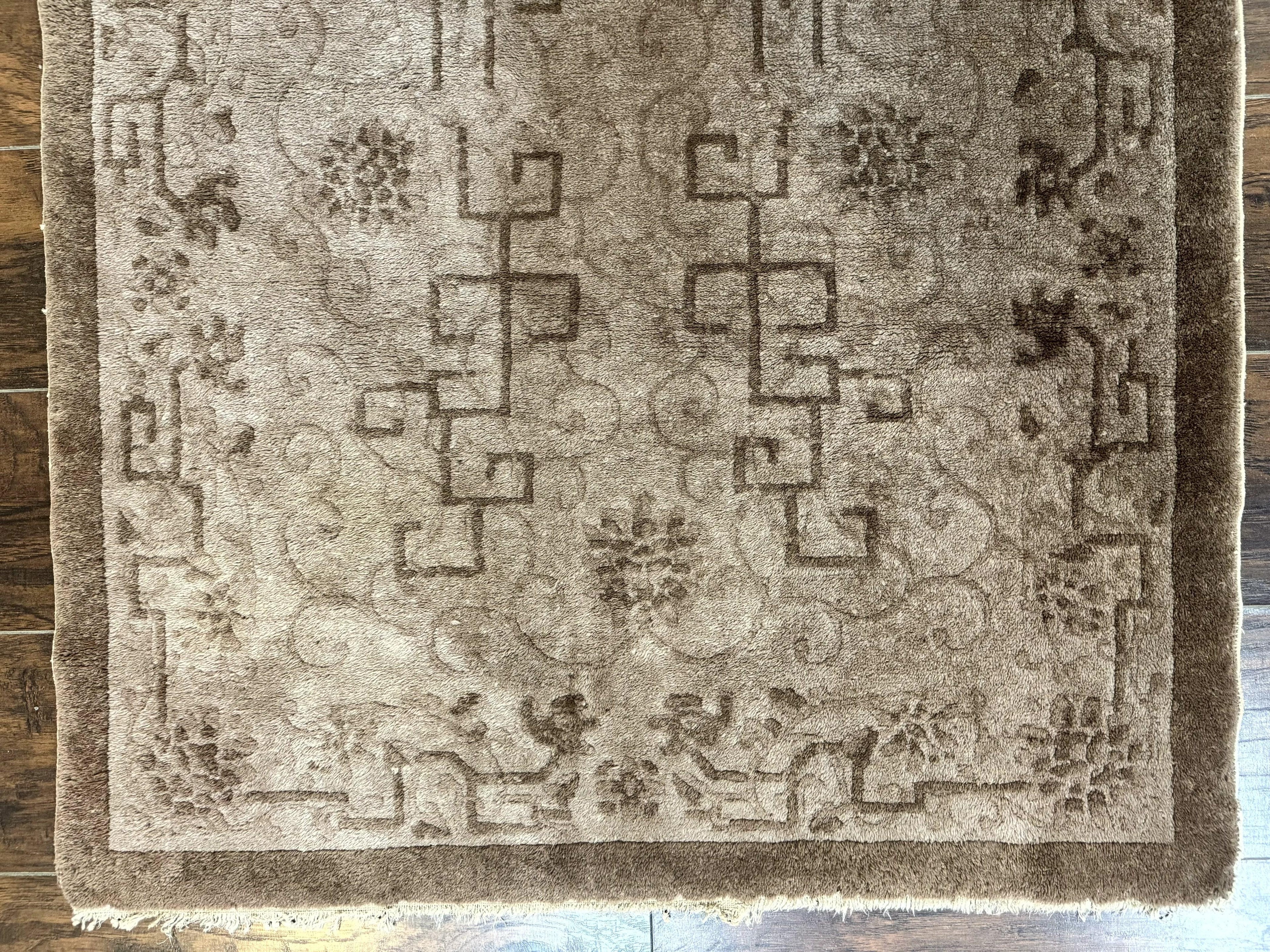 Antique Chinese Fette Rug 3x6, Taupe, Handmade Wool Chinese Carpet