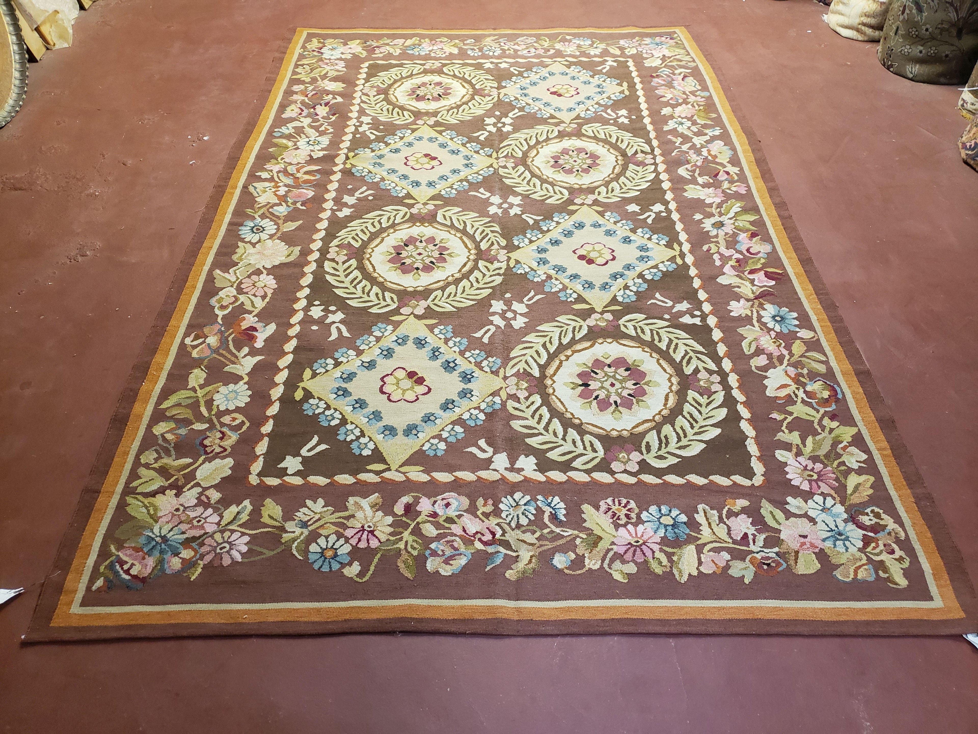 Aubusson Rug 6 x 9 Flat Weave Area Carpet European Design Flowers New Brown Rug Handmade Wool Hand-Knotted Aubusson Weave Medium Rug 6x9