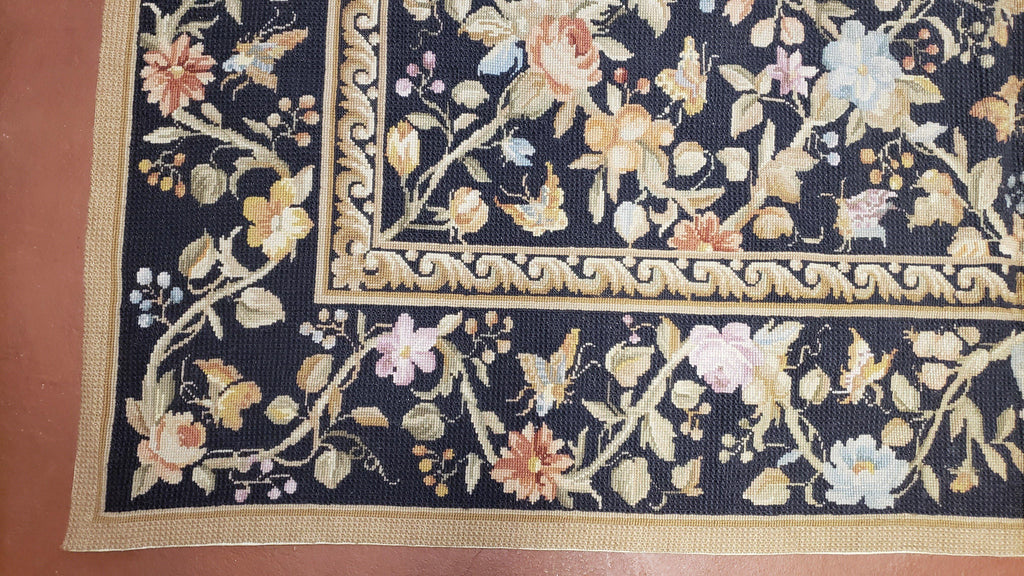6x9 Vintage Needlepoint Rug, Petitepoint Carpet, Butterflies Floral Design