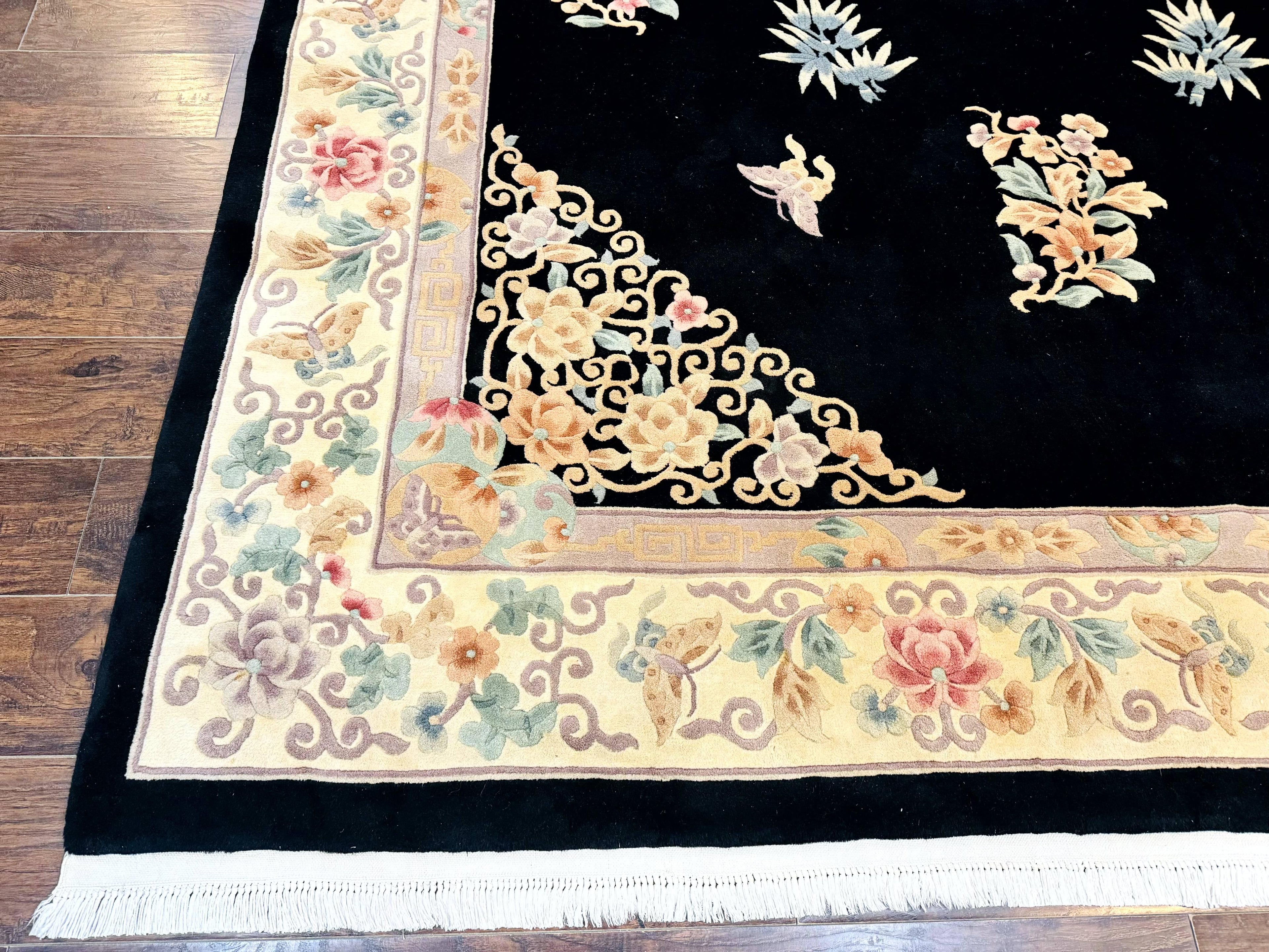 Chinese Wool Rug 9x12, Chinese Carving Carpet, Floral Medallion, Black and Beige, Butterflies, Vintage Asian Oriental Rug, 90 Line Rug