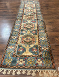 Turkish Kazak Runner Rug 3x11, Cream and Light Blue, Vintage