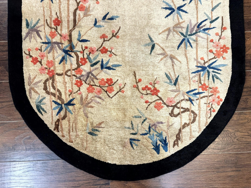 Antique Chinese Oval Rug 3.9 x 6.7, Floral, Butterflies, Chinese Wool Art Deco Peking Carpet, Beige, Handmade