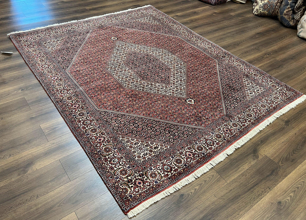 Wonderful Persian Bidjar Rug 7x8 ft, Almost Square Oriental Carpet, Herati Mahi, Highly Detailed, Ivory Red Navy Blue, Very Fine Handmade Bijar Rug