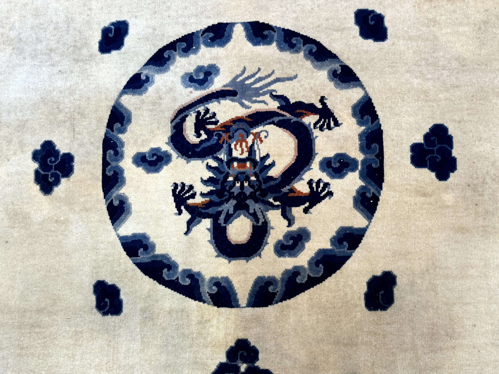 Chinese Dragon Peking Rug 8 x 11.6, Ivory and Blue, Chinese Wool Rug, Vintage