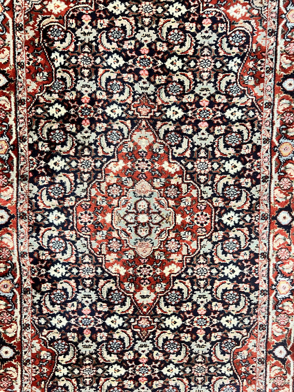 Indo Persian Rug 3x4, Herati Allover Pattern, Midnight Blue and Red, Small Vintage Handmade Wool Rug
