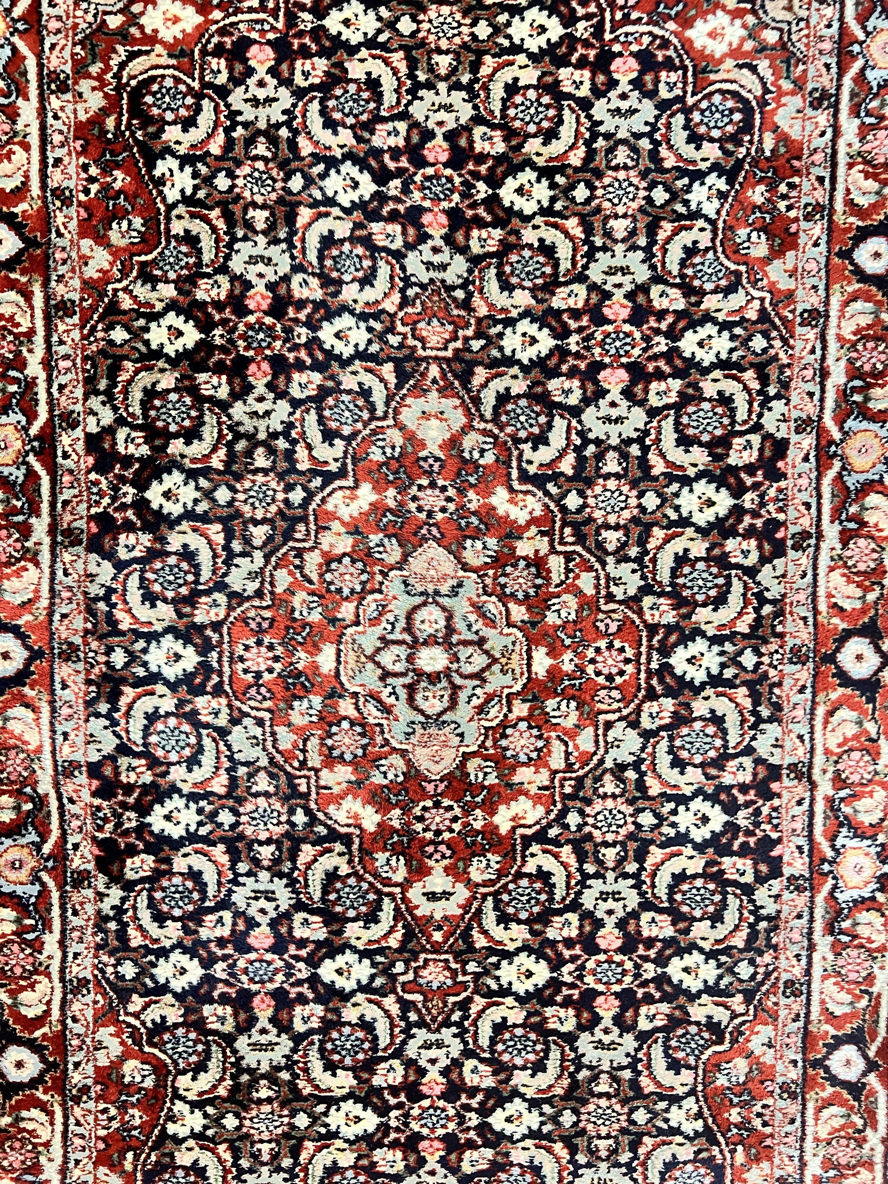 Indo Persian Rug 3x4, Herati Allover Pattern, Midnight Blue and Red, Small Vintage Handmade Wool Rug