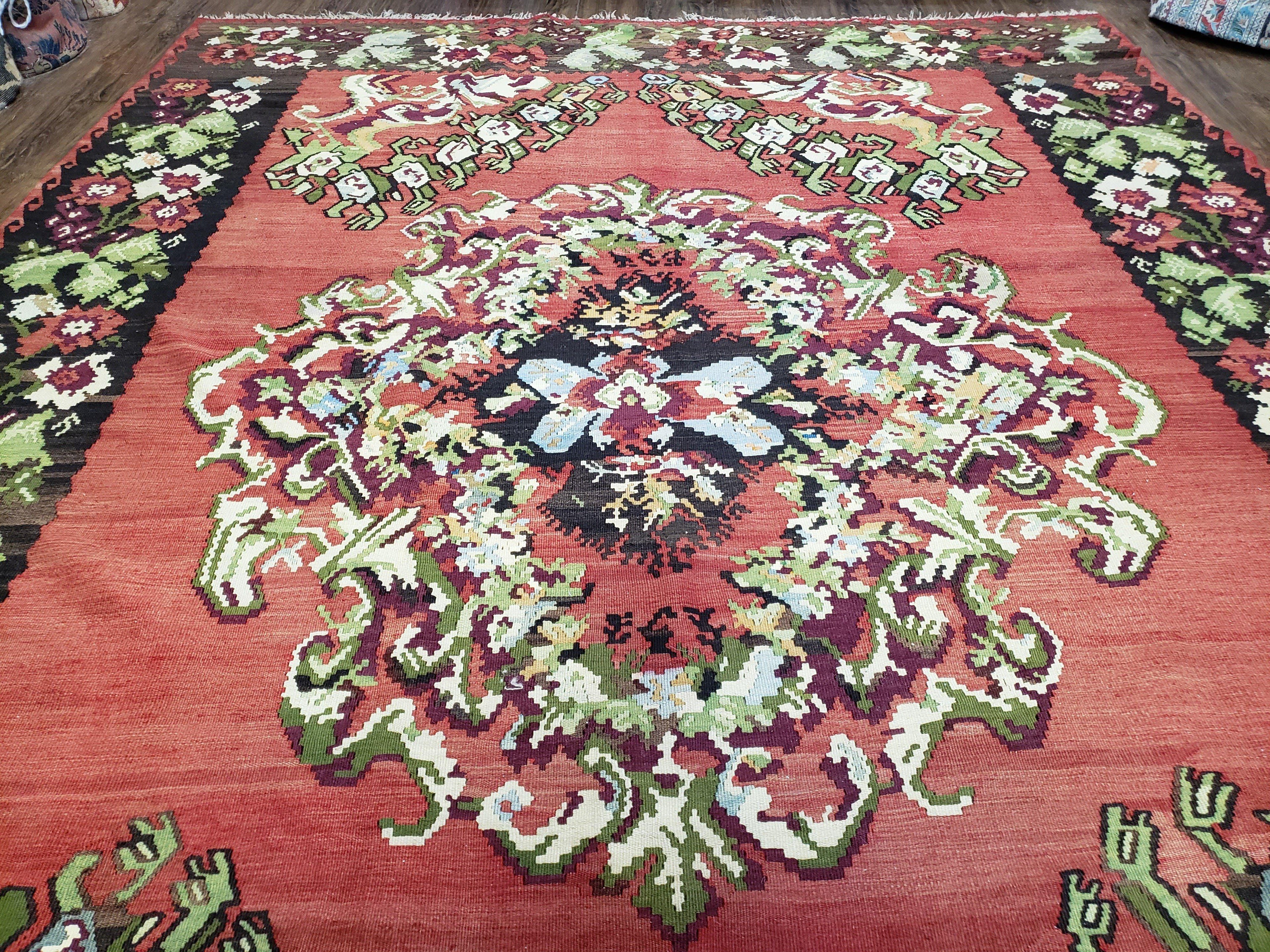 Karabakh Rug 8x11, Caucasian Kilim Rug, Vintage Antique Turkish Anatolian Azerbaijani Carpet, Wool Red & Black Hand-Woven 8 x 11 Living Room