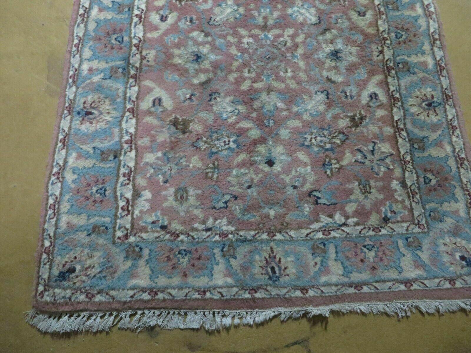 Indo Persian Runner Rug 2.8 x 12, Wool Hand Knotted, Pink and Light Blue
