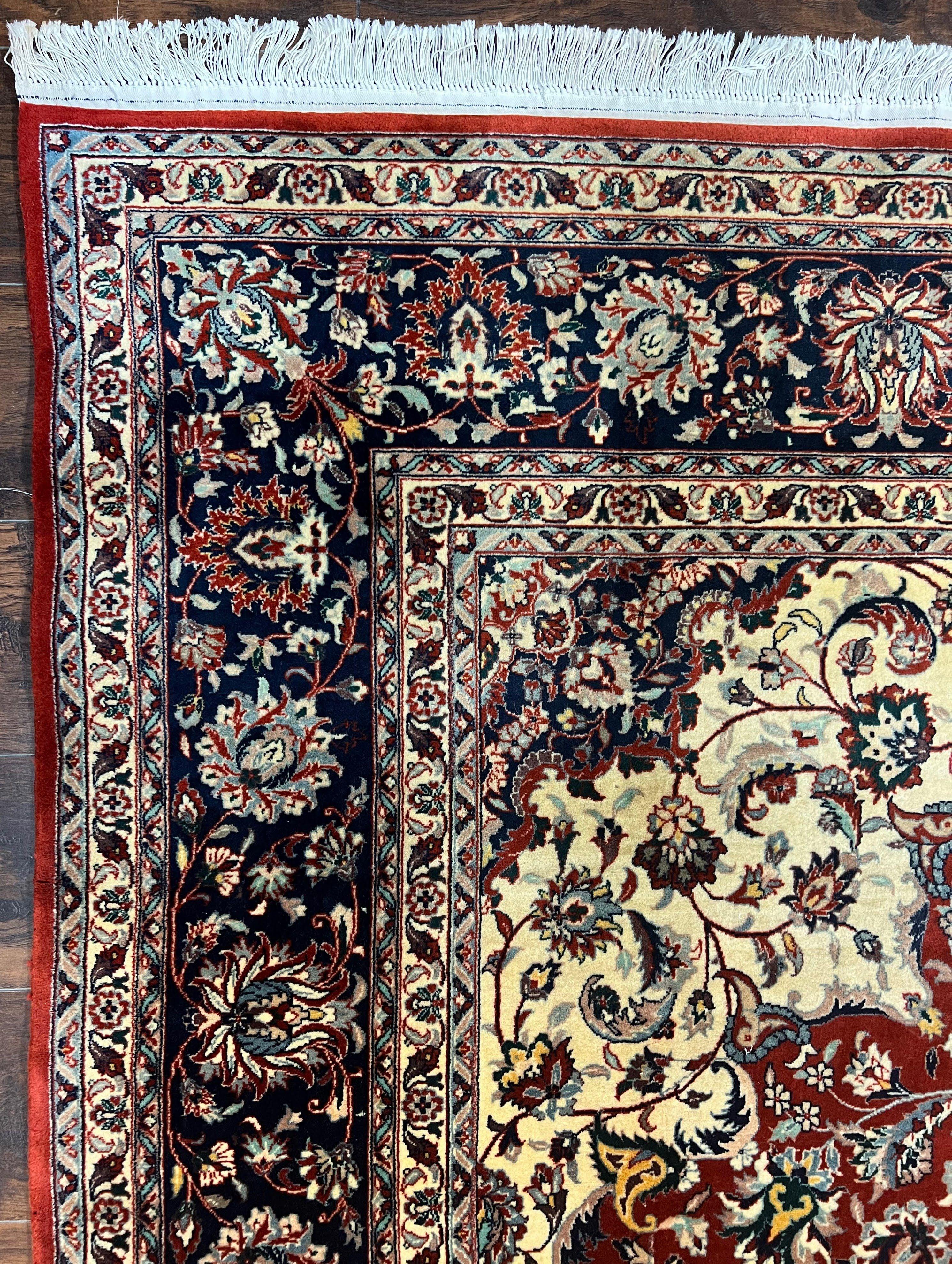 Fine Sino Persian Rug 7x10 ft, Floral Central Medallion Oriental Carpet, Red Navy Blue Cream, Hand Knotted Wool Traditional Vintage Rug