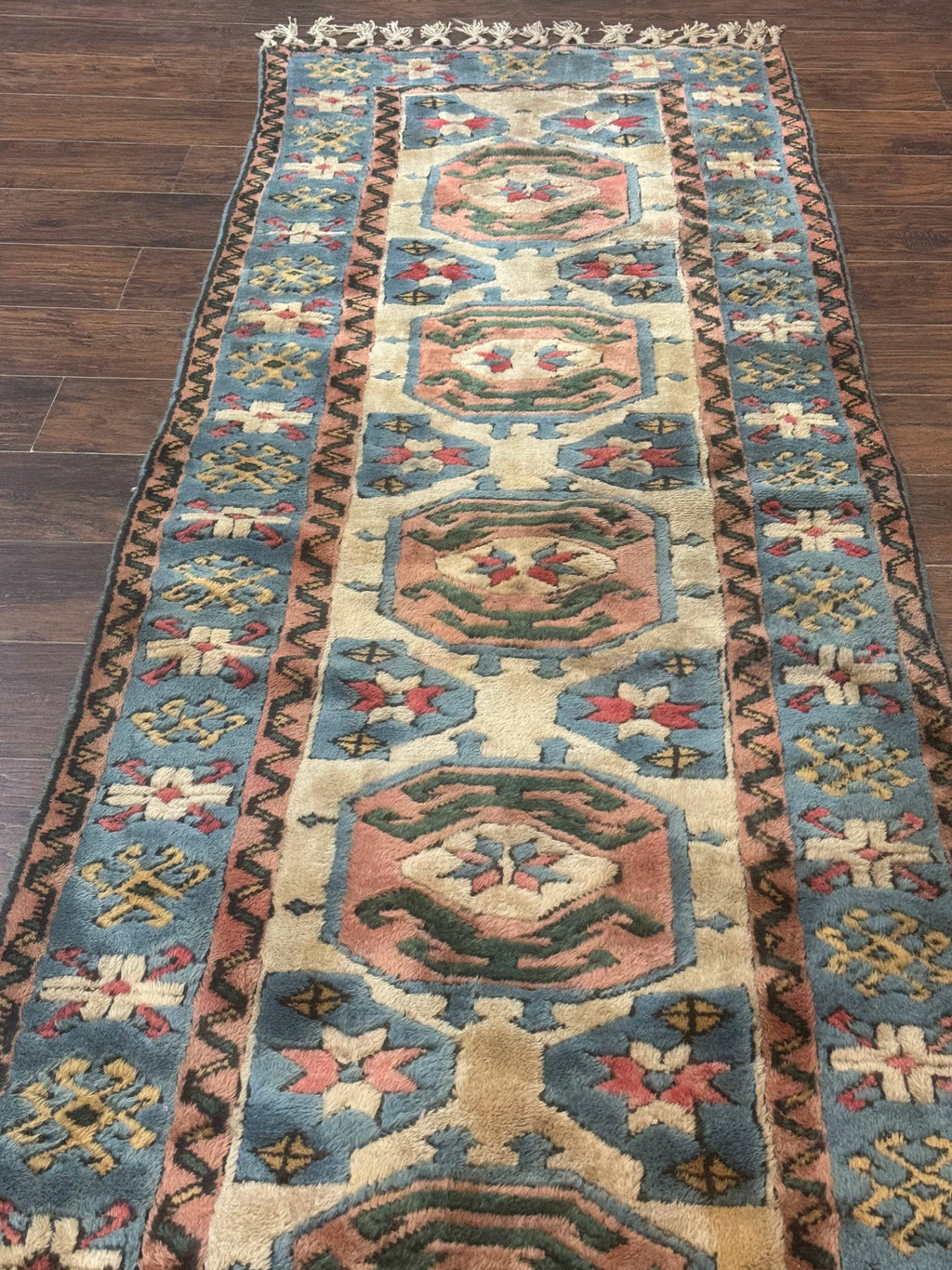 Turkish Kazak Runner Rug 3x11, Cream and Light Blue, Vintage