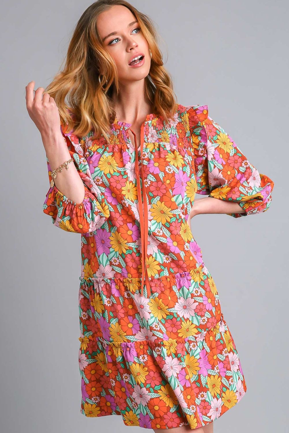 Full Size Ruffled Flower Print Tie Neck Tiered Dress For Women – Fluttering, Floral Tiered Dress with Elegant Tie Neck and Ruffled Details