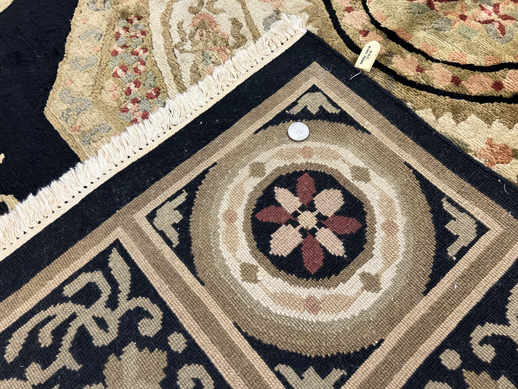 Tibetan Rug 8x10, Nepali Area Rug, Soft New Zealand Wool Carpet 8 x 10 ft, Black Tan Beige, Vintage Handmade Rug, French Aubusson Pattern