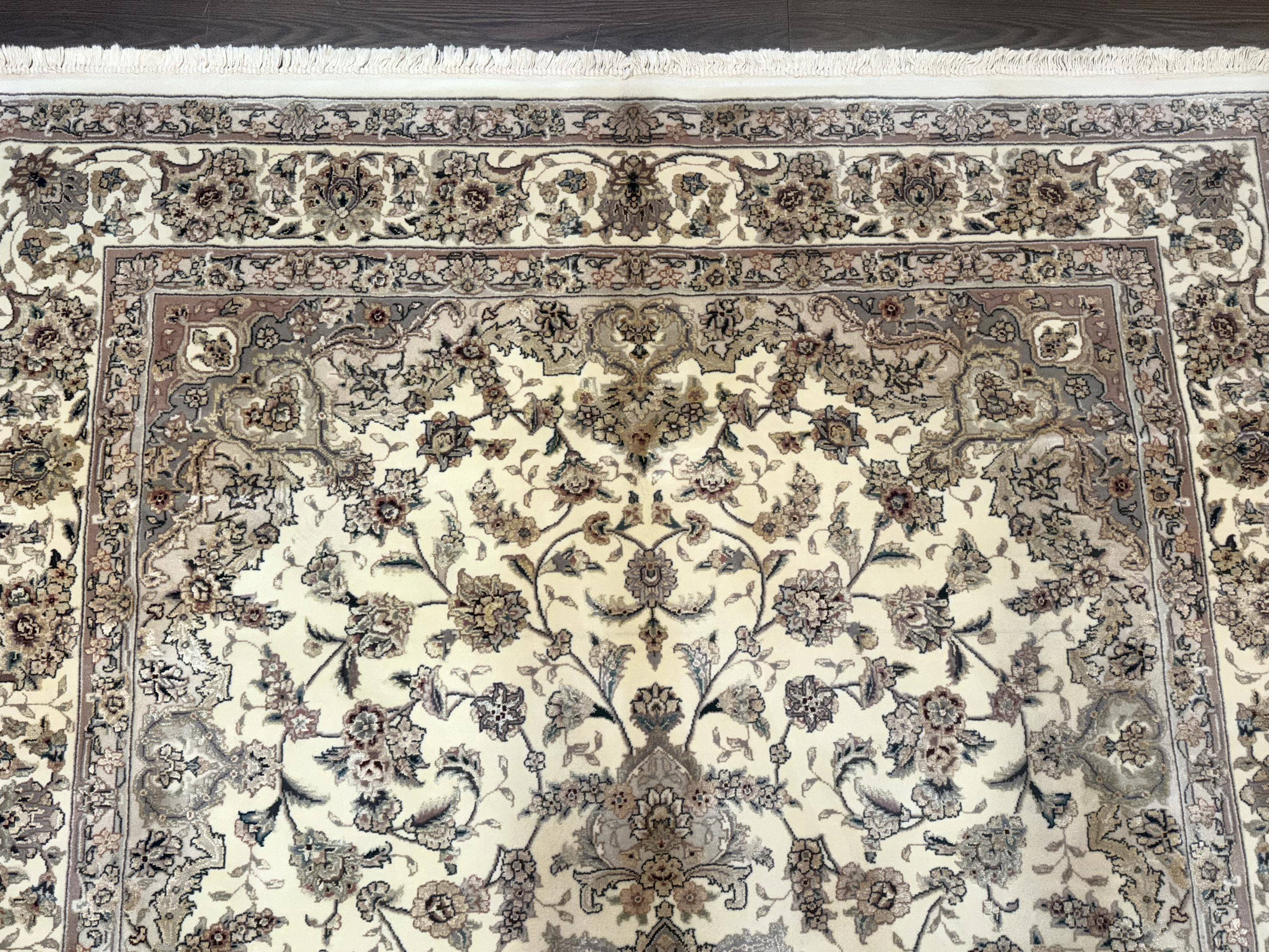 Sino Persian Rug 6x9, Floral Medallion, Ivory & Taupe, Wool with Silk Highlights, Fine 210 KPSI
