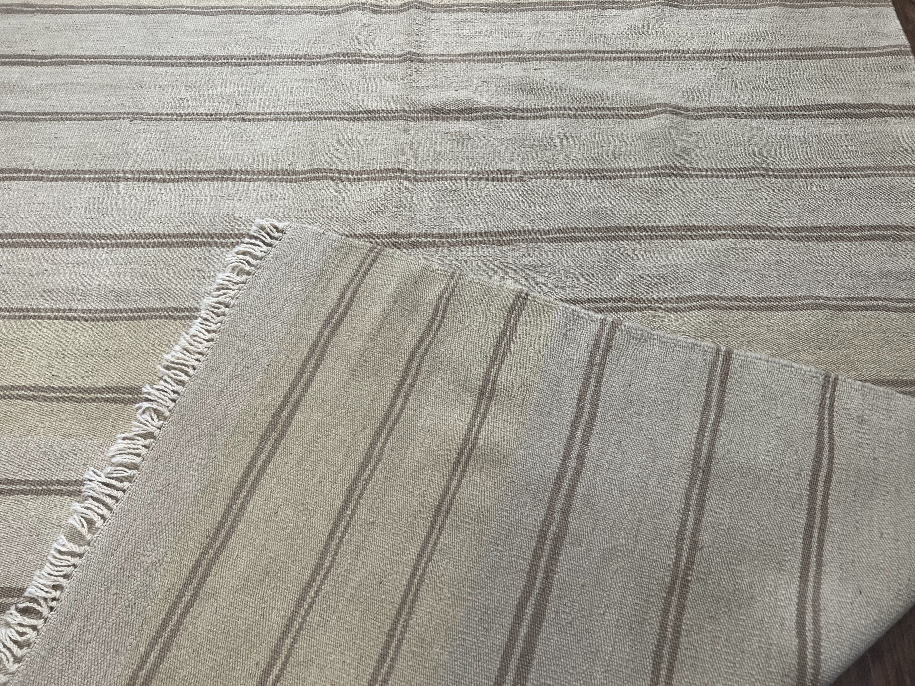 New Turkish Kilim Rug 5x8 Flatweave Carpet, Bohemian Rug, Contemporary Rug, Hand Woven, Wool Area Rug, Gray and Taupe, Striped Pattern