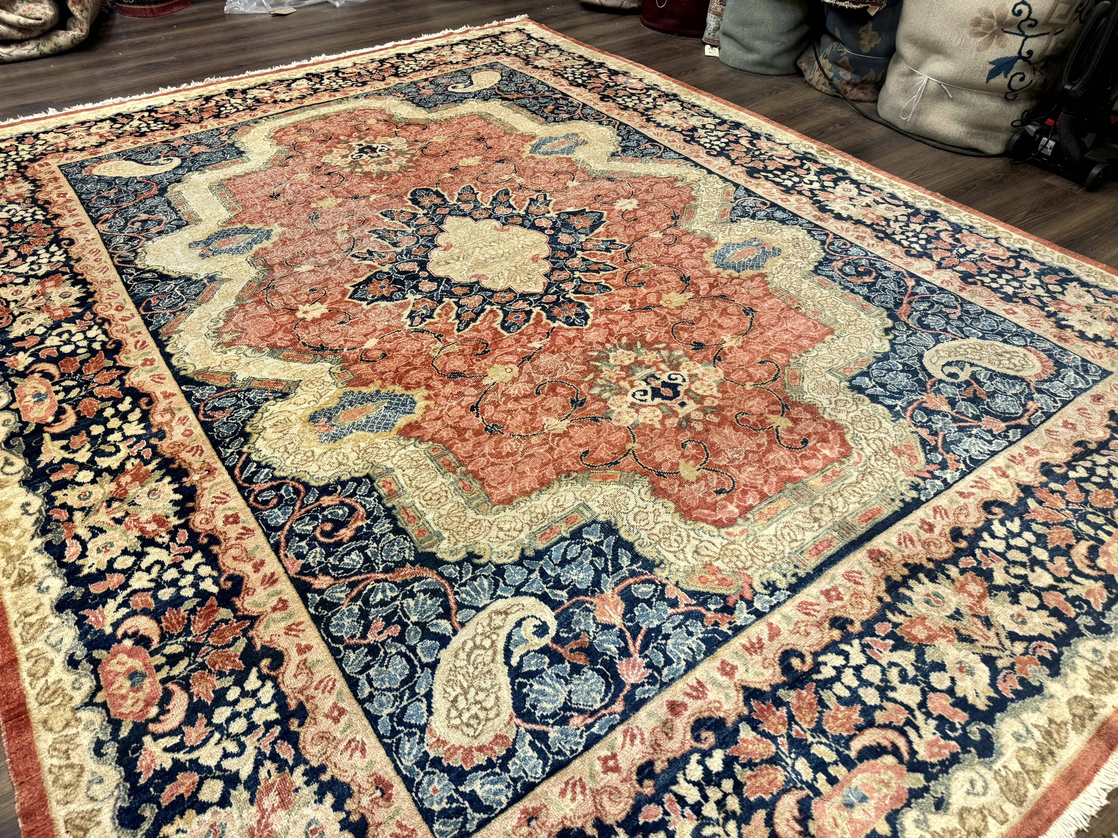 Antique Persian Sarouk Rug 9x12, Boteh Paisleys, Light Red Navy Blue