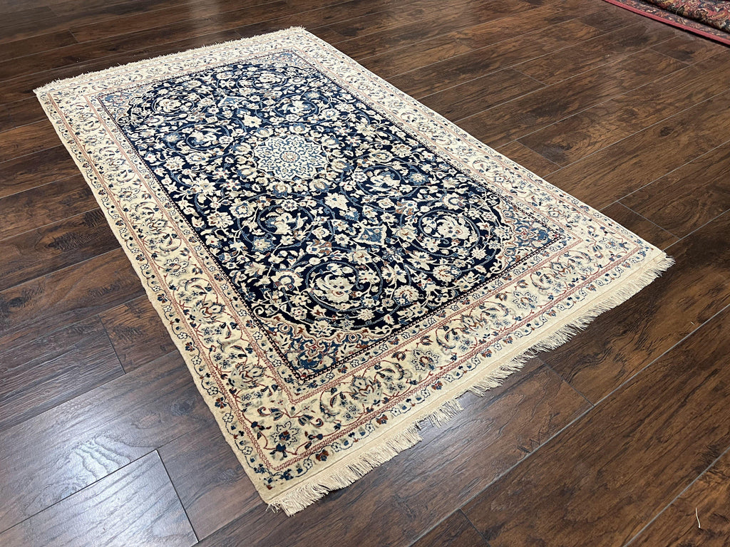Very Fine Persian Nain Rug 3.7 x 6, Floral Medallion, Wool and Silk Accents, Highly Detailed, Hand Knotted Oriental Carpet, Navy Blue Ivory/Cream