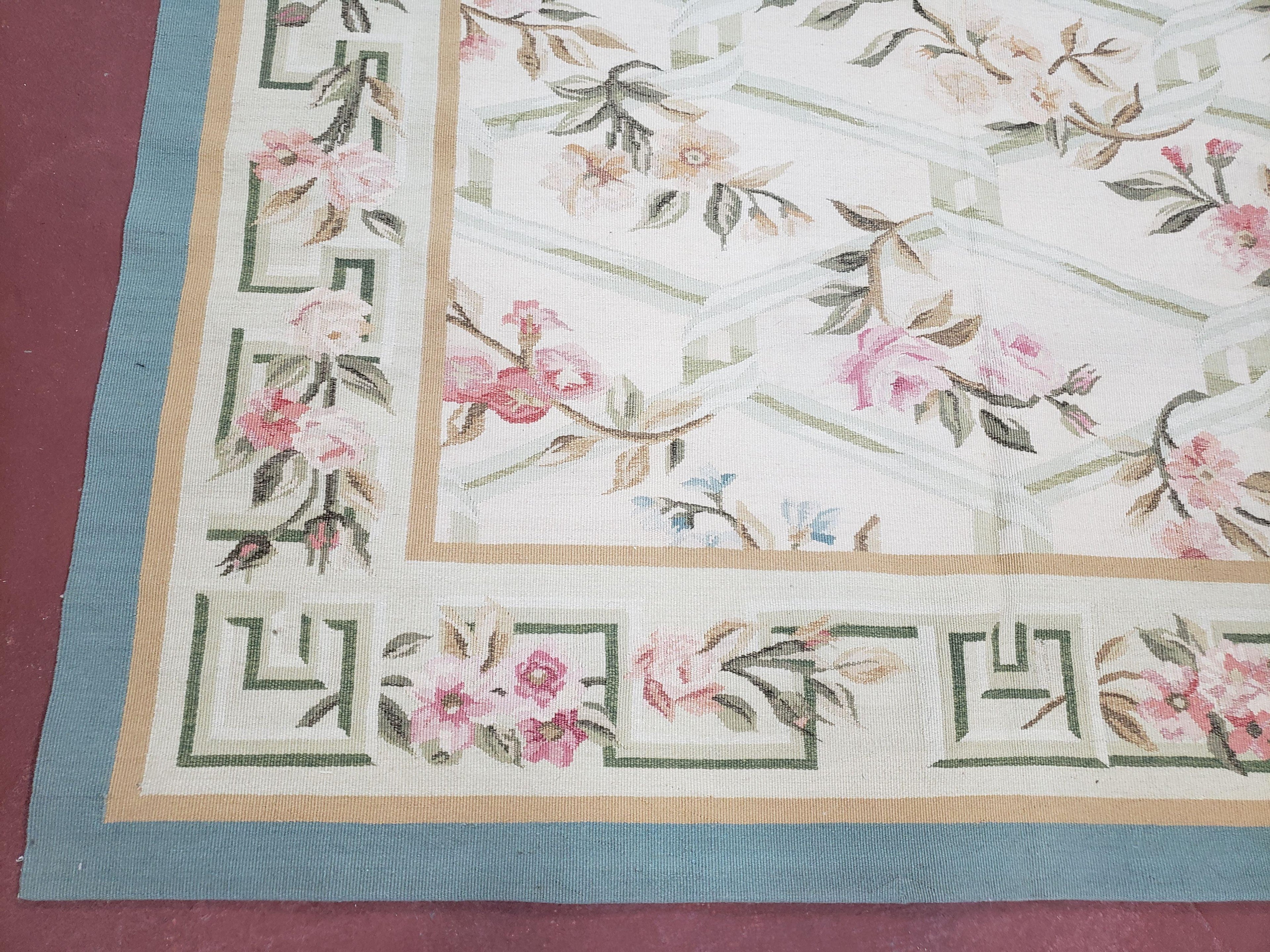 Vintage Aubusson Area Rug, Aubusson Flat weave Carpet, Floral Geometric Pattern, Beige Teal Green, 4x6 Rug, European Design
