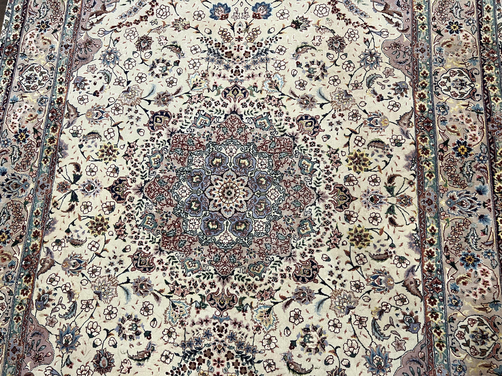 Beautiful Pak Persian Rug 6x9, Floral Medallion, Wool and Silk, Highly Detailed Elegant Carpet, Vintage Oriental Rug 6 x 9, Cream and Gray