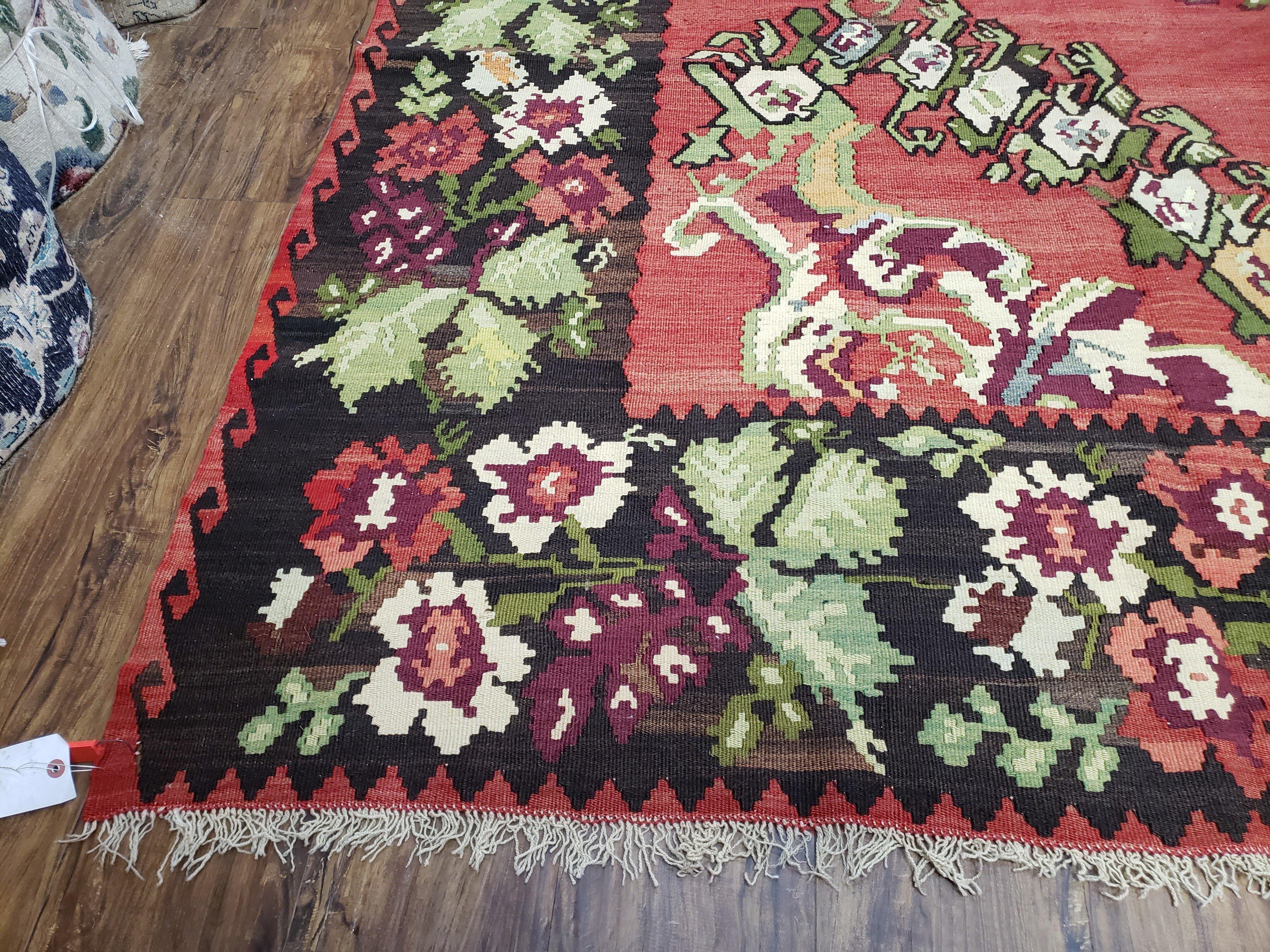 Karabakh Rug 8x11, Caucasian Kilim Rug, Vintage Antique Turkish Anatolian Azerbaijani Carpet, Wool Red & Black Hand-Woven 8 x 11 Living Room