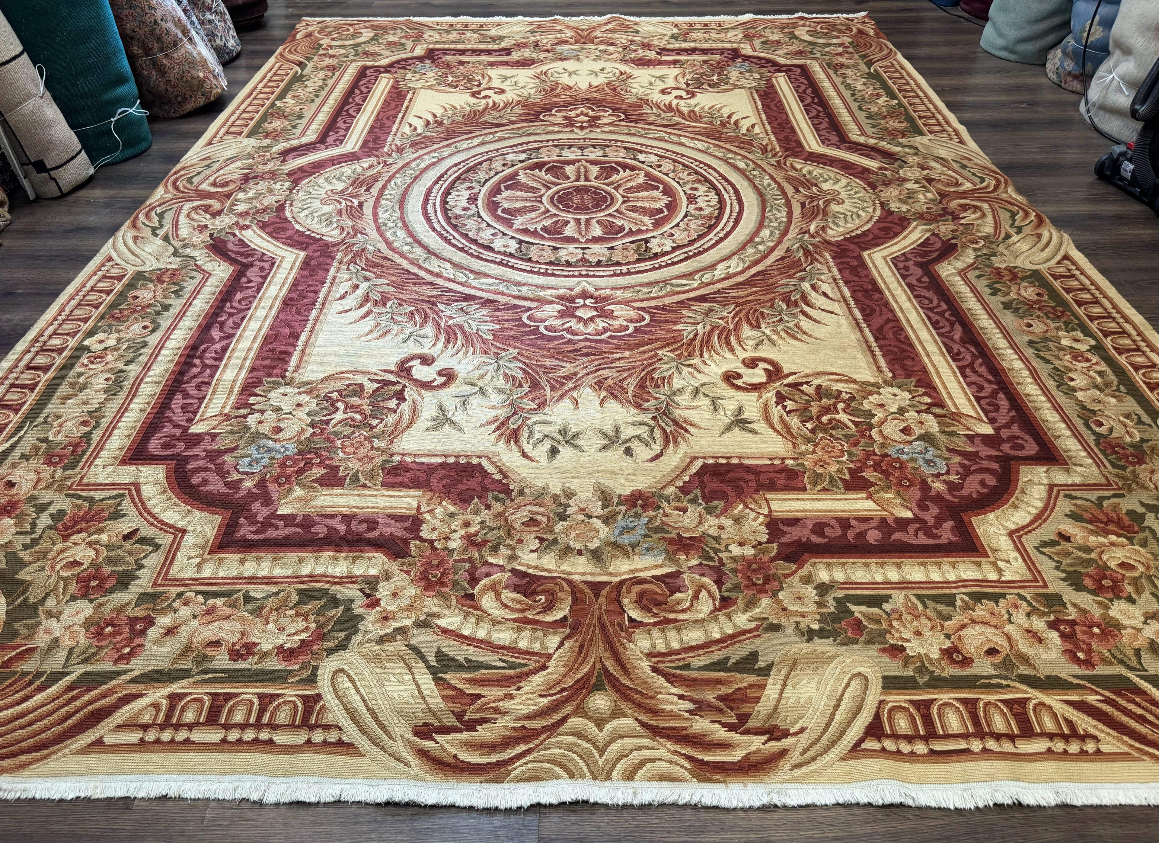 Large Aubusson Rug 10x13, Thick Flatweave Carpet, Elegant European Design, Cream and Raspberry