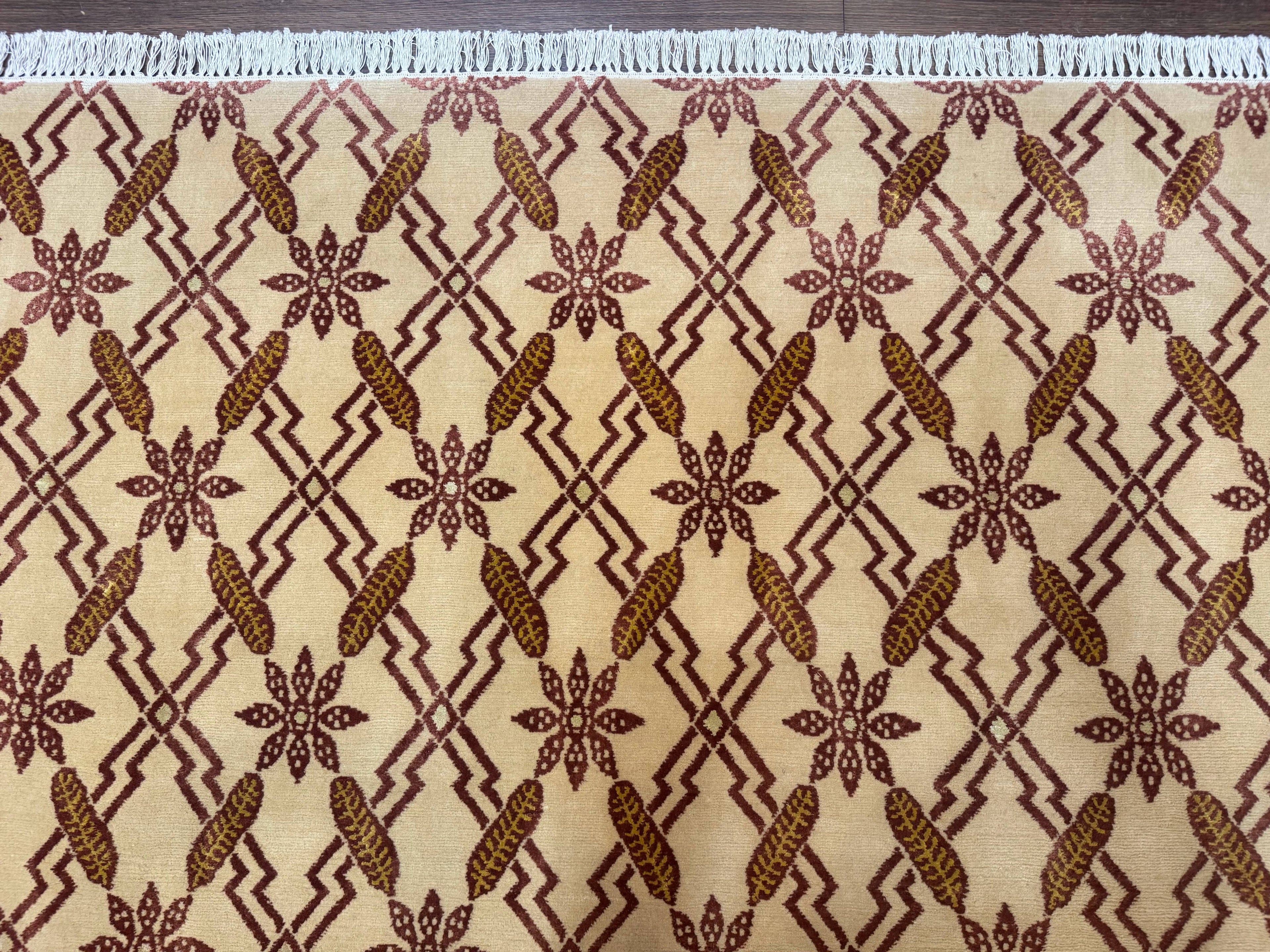 Tibetan Rug 8x10, Wool with Silk Highlights, Beige and Maroon, Contemporary Carpet