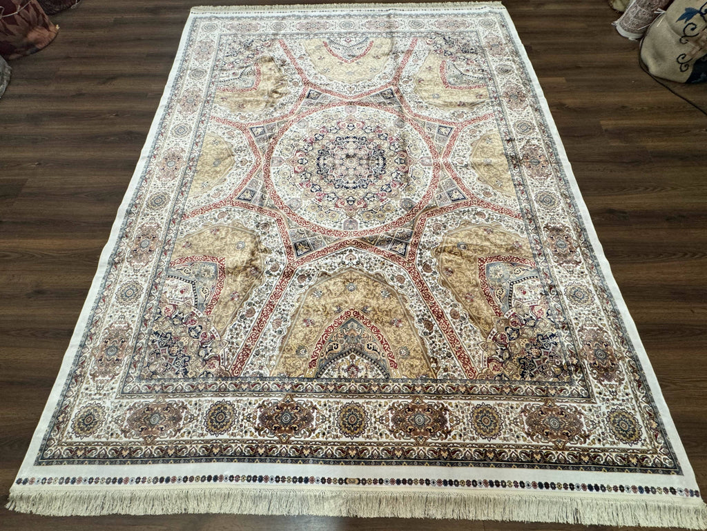 Turkish Silk Rug 8x10, Dome Design, Hereke Carpet, Bamboo Silk, New