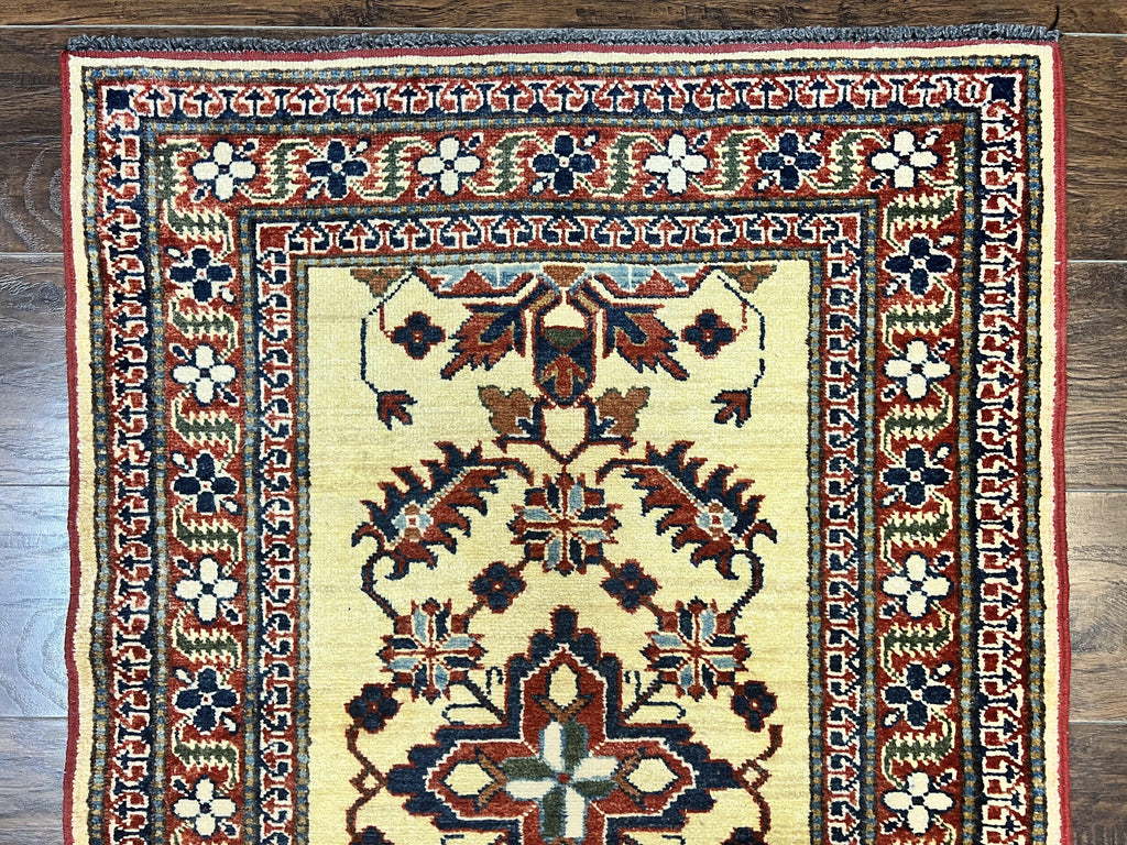 Afghan Heriz Runner Rug 2.9 x 12, Vintage Hand Knotted Persian Carpet for Hallway, 12ft Runner, Wool, Cream