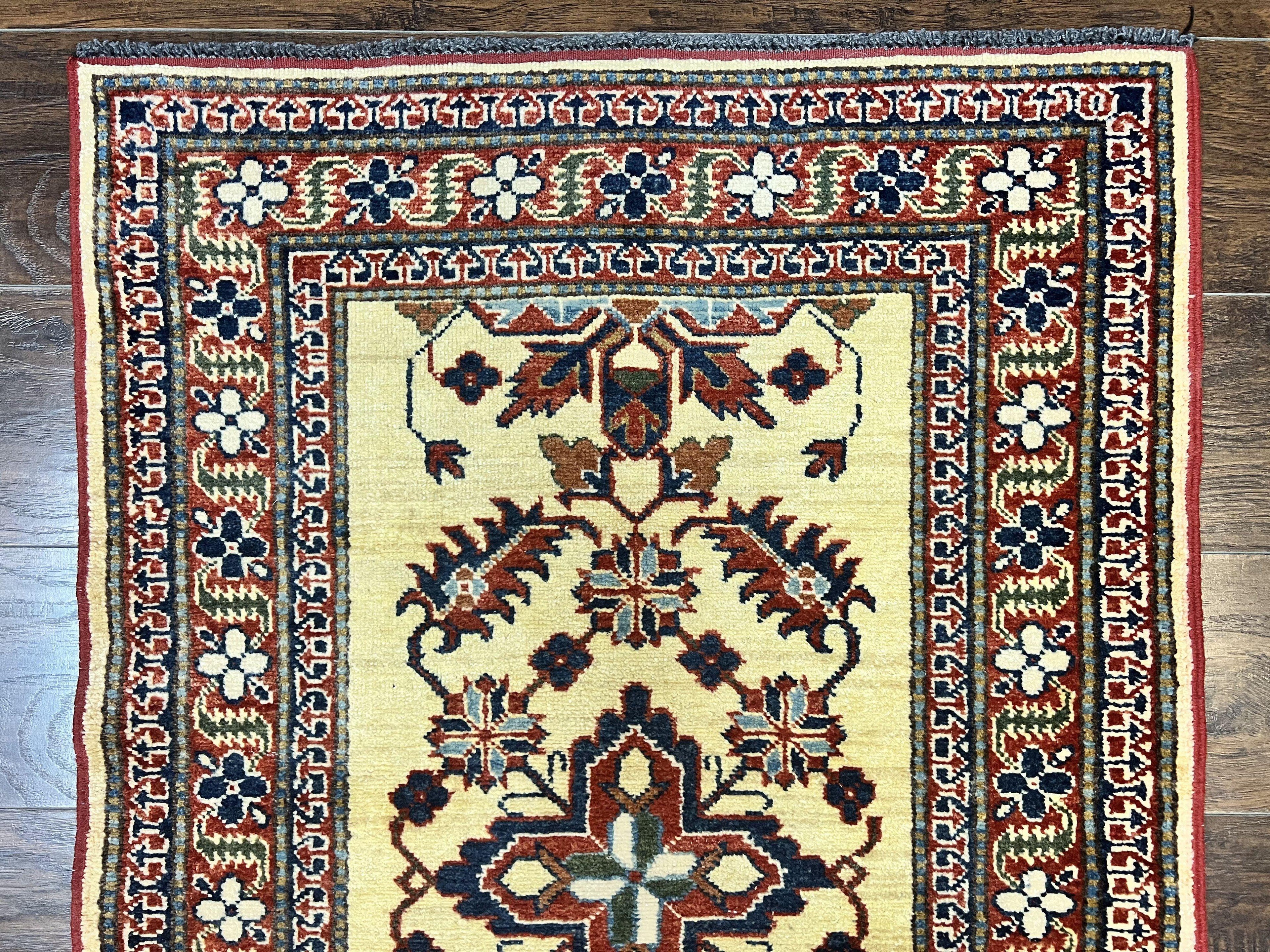 Afghan Heriz Runner Rug 2.9 x 12, Vintage Hand Knotted Persian Carpet for Hallway, 12ft Runner, Wool, Cream
