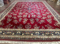 Indo Persian Sarouk Rug 10x14, Large Red and Navy Blue Carpet, Traditional Floral Wool Rug