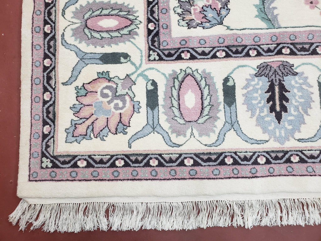 Ivory & Teal Indo Persian Area Rug 9x12, Wool Hand-Knotted Oriental Carpet, 9 x 12 Soft Traditional Living Room Rug, Dining Room Rug