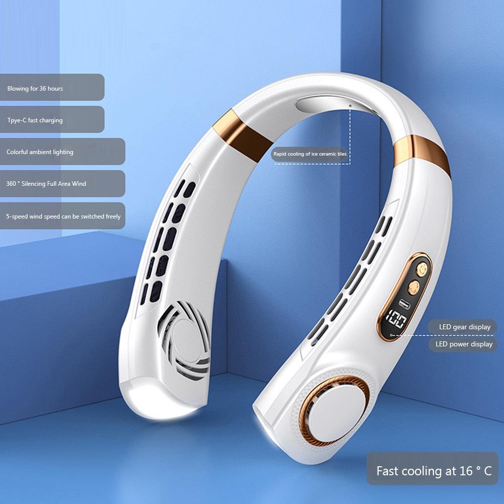4000mAh Hanging Neck Fan USB Handheld Mute LED Digital Display Leafless Mini Electric Fan with LED Light 5 Gear Air Cooling Fans Digital Display Leafless Mini Electric Colorful Gear 5th Fan