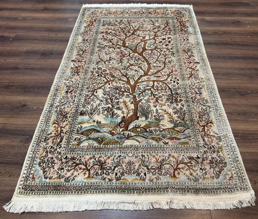 Indian Kashmiri Silk Rug 4x7, Tree of Life Design, Very Fine 380 KPSI, Birds