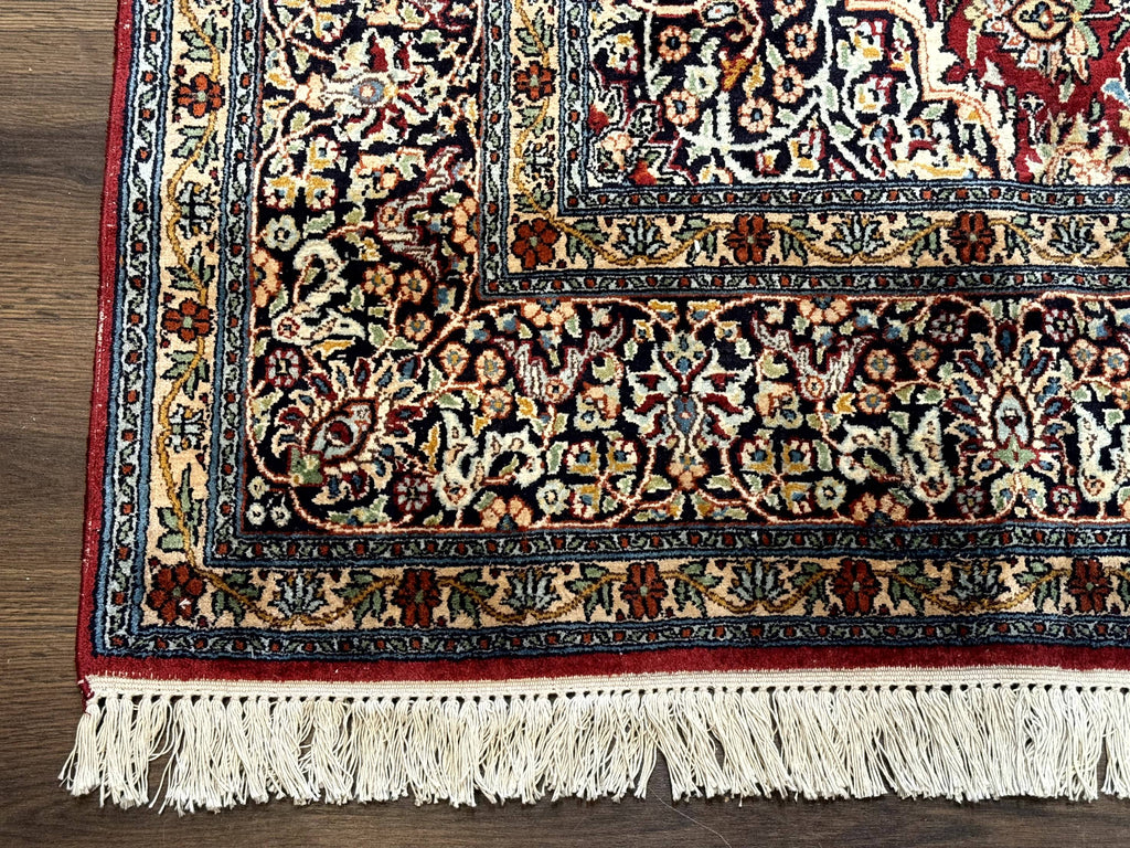 Indian Kashmiri Silk Rug 6x9, Red and Navy Blue, Floral Medallion, Fine 275 KPSI