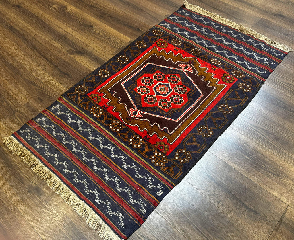 Afghan Rug 3x5, Tribal, Navy Blue, Wool, Handmade, Geometric, Rustic
