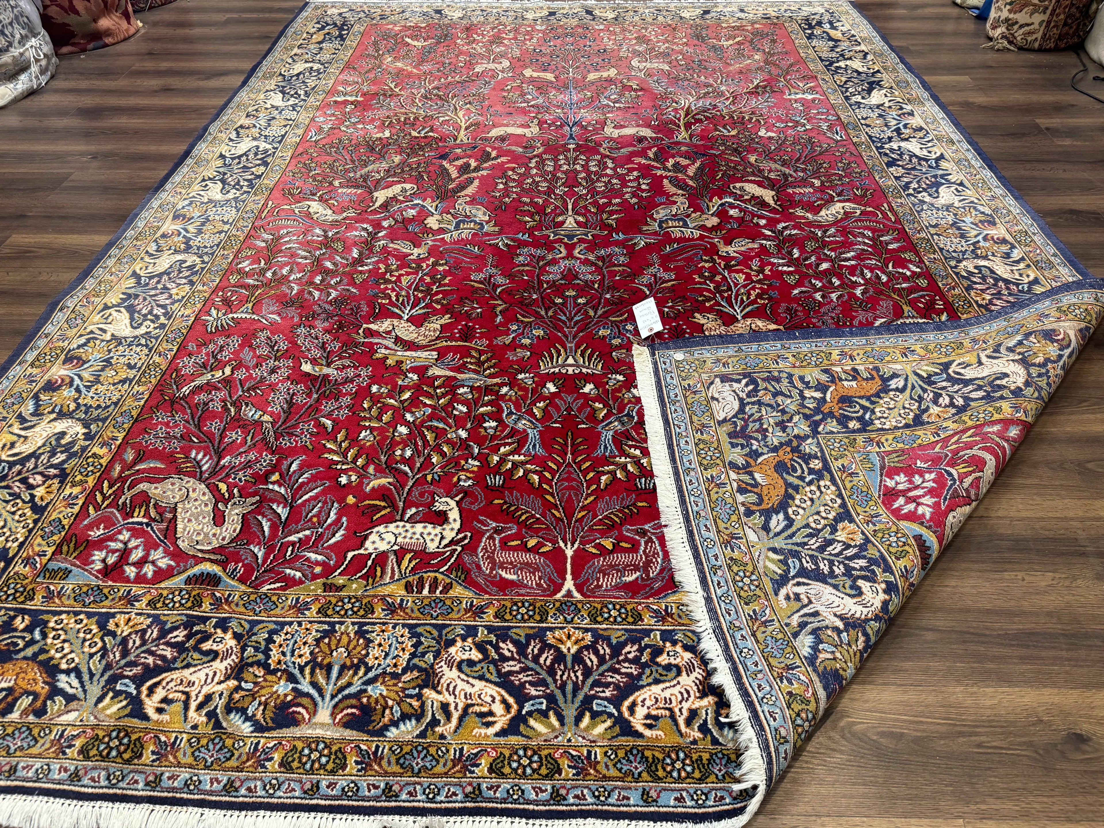 Persian Qum Rug 9x12, Animal Pictorials, Deer Birds, Tree of Life, Red and Navy Blue