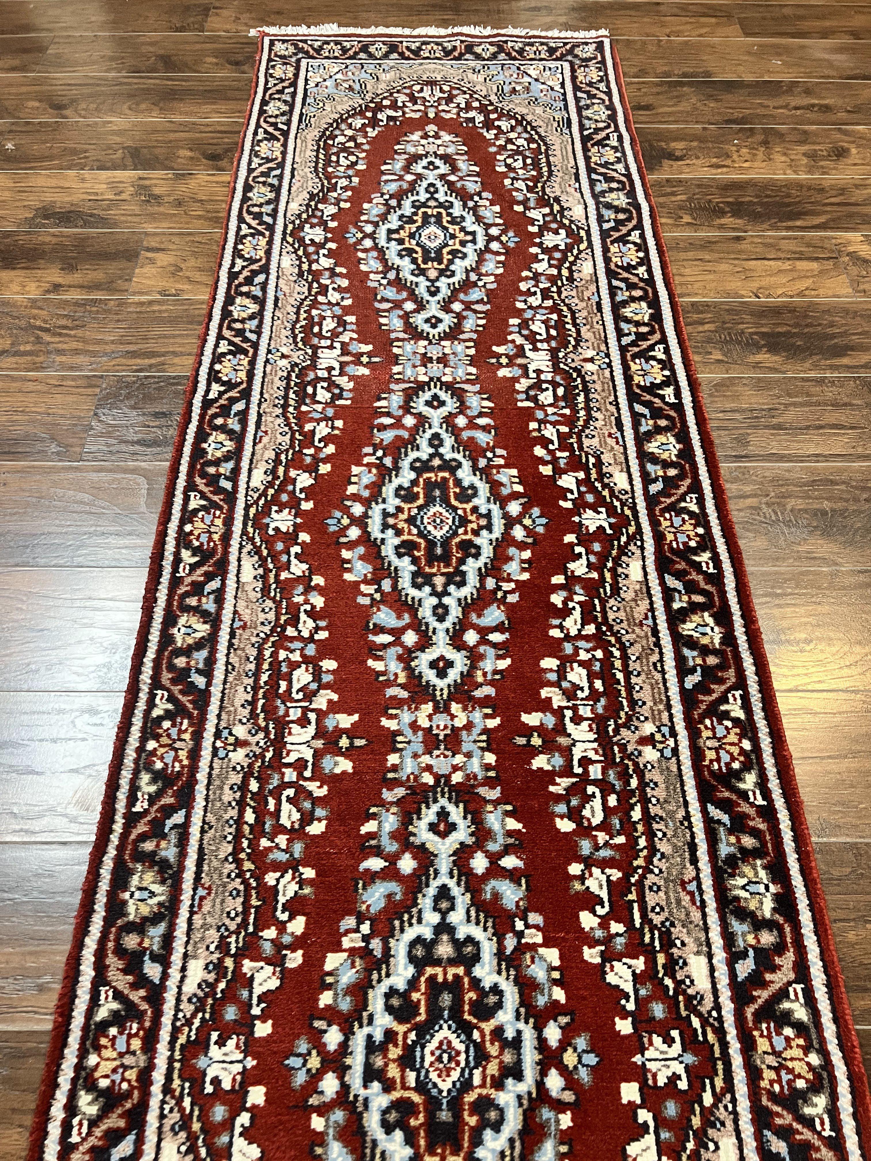 Indo Persian Runner Rug 2.8 x 14.8, Long Indo Kirman Hallway Rug, Red Floral Wool Vintage Handmade Oriental Runner