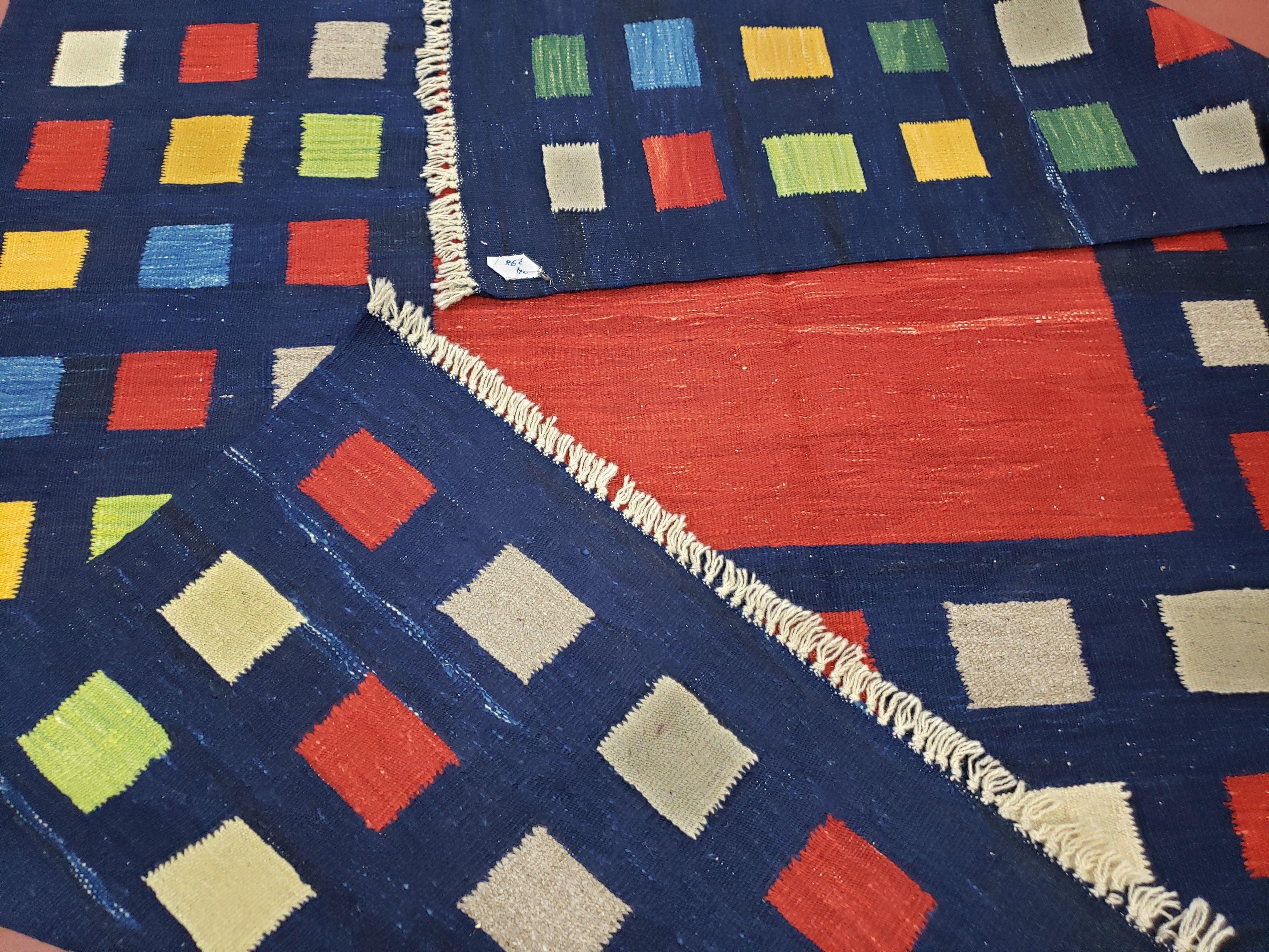 Turkish Kilim Rug 5x7 - 6x8, Checkerboard Kilim Carpet, Area Rug, New Playroom Rug, Colorful Multicolor Rug for Nursery Room, Dark Blue Red