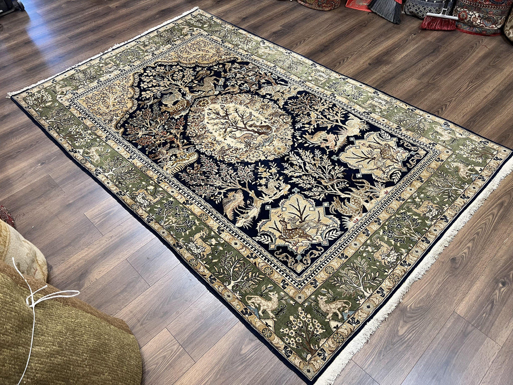 Wonderful Persian Qum Rug 6x9, Animal Pictorials, Tree of Life, Deer Birds, Hand Knotted Oriental Ghom Carpet, Semi Antique Vintage, Navy Blue Green