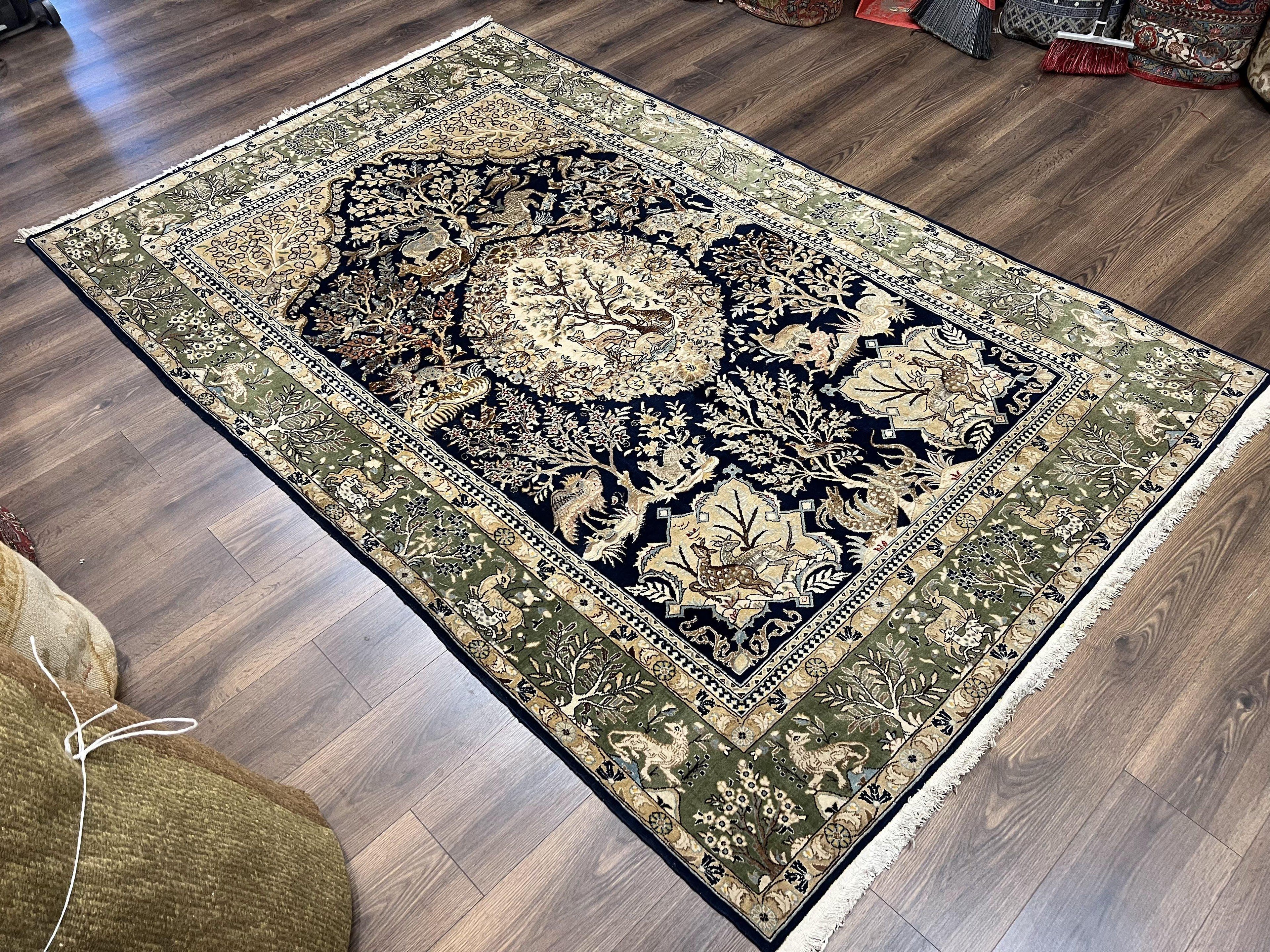 Wonderful Persian Qum Rug 6x9, Animal Pictorials, Tree of Life, Deer Birds, Hand Knotted Oriental Ghom Carpet, Semi Antique Vintage, Navy Blue Green