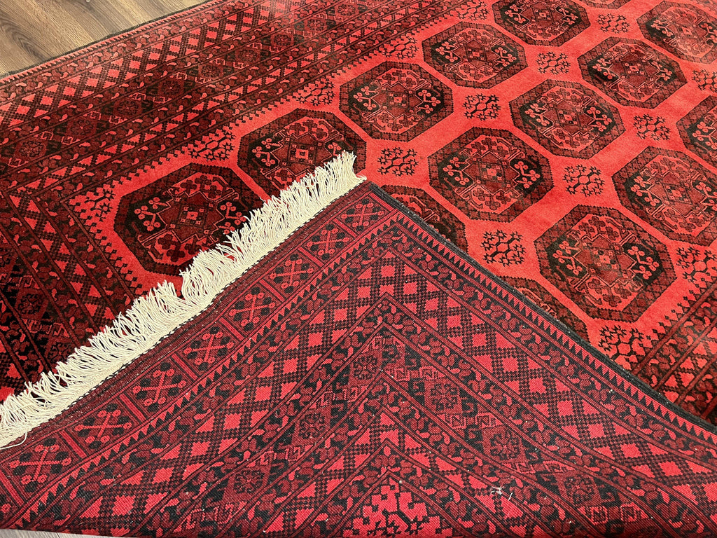 Afghan Turkoman Rug 7x10, Vintage Yamud Beshir Bokhara Carpet, Red and Black Bukhara Hand-Knotted Oriental Wool Handmade Rug, Elephant Foot