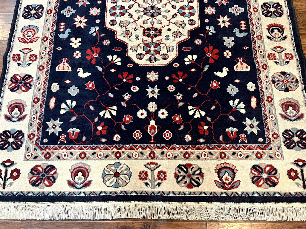 Belgium Power Loomed Rug 5.6 x 7, Navy Blue and Ivory, Heriz Pattern, Vintage Oriental Carpet