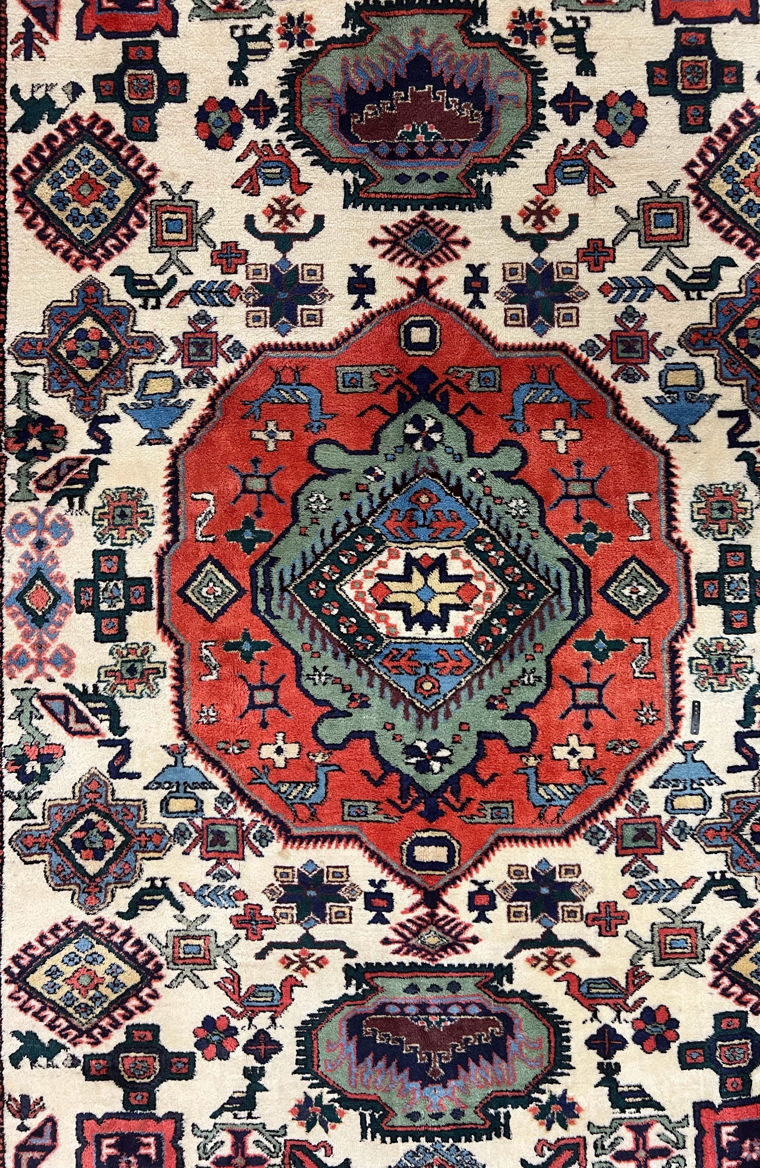 Persian Tribal Rug 8x11, Persian Ardabil Rug, Geometric Medallion Animal Pictorial Rug, Ivory Red Blue, Hand Knotted Vintage Wool Carpet