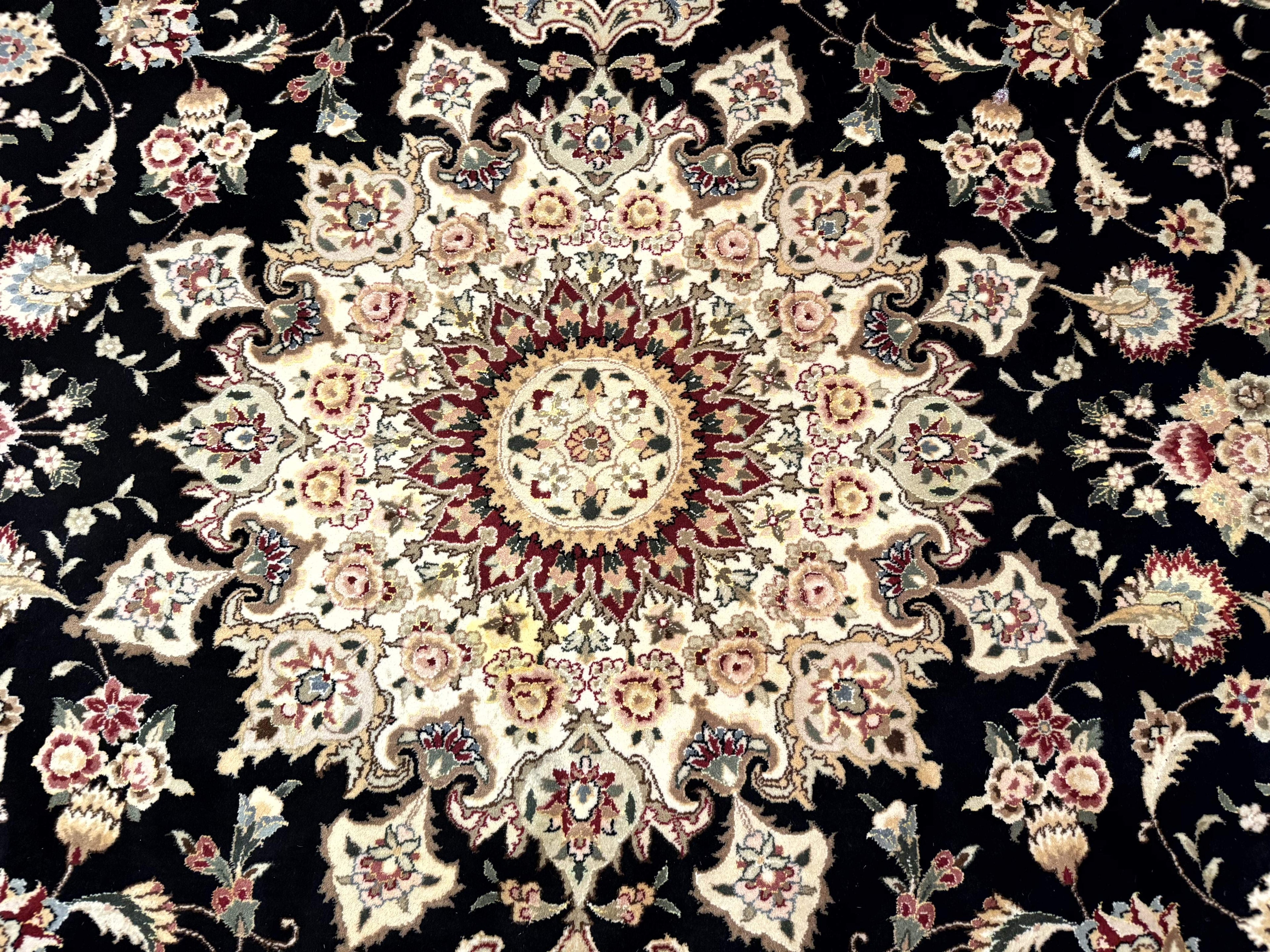 Sino Persian Rug 9x12, Black and Beige, Floral Medallion, Wool & Silk, Handmade
