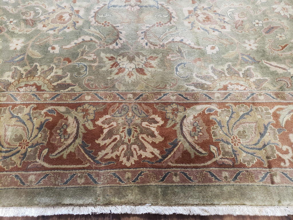 Green Indo Mahal Area Rug 9x12, Wool Hand-Knotted Carpet