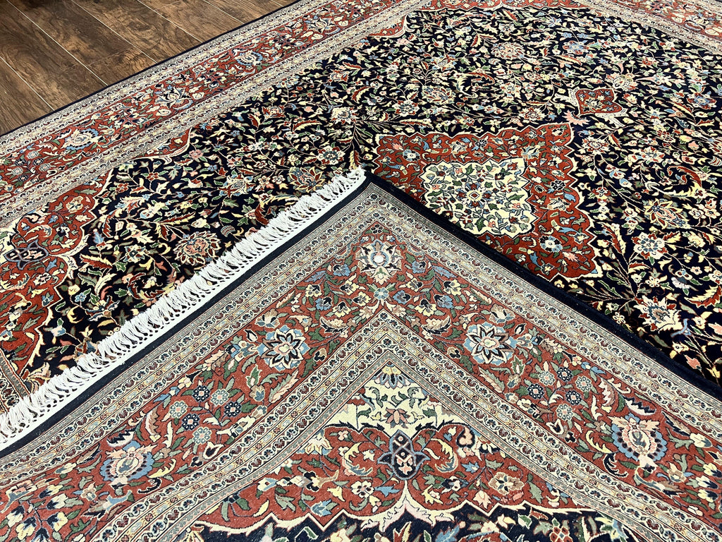 Indo Persian Rug 8x10, Floral Medallion, Vintage Handmade Wool Carpet, Navy Blue and Red, Fine 300 KPSI